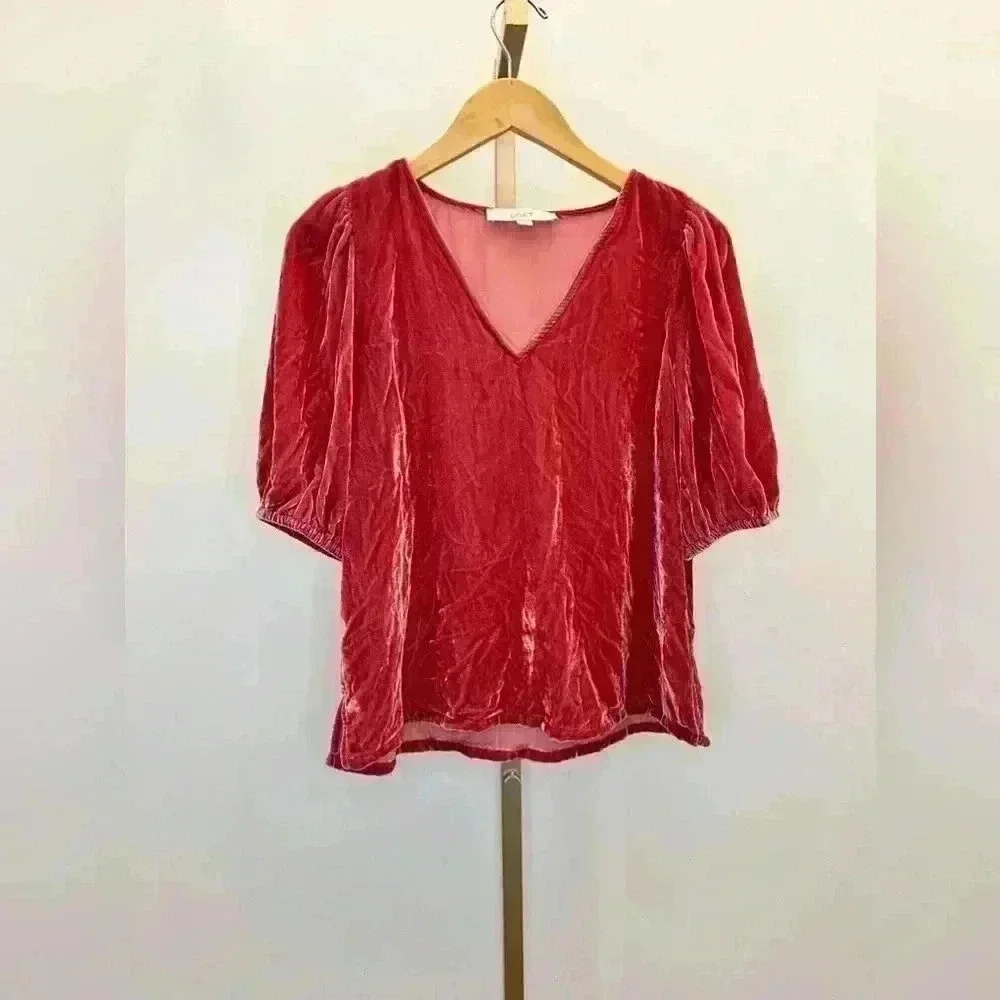 LOFT Women's XS Velvet Puff Sleeve Blouse Coral V-Neck Casual Top